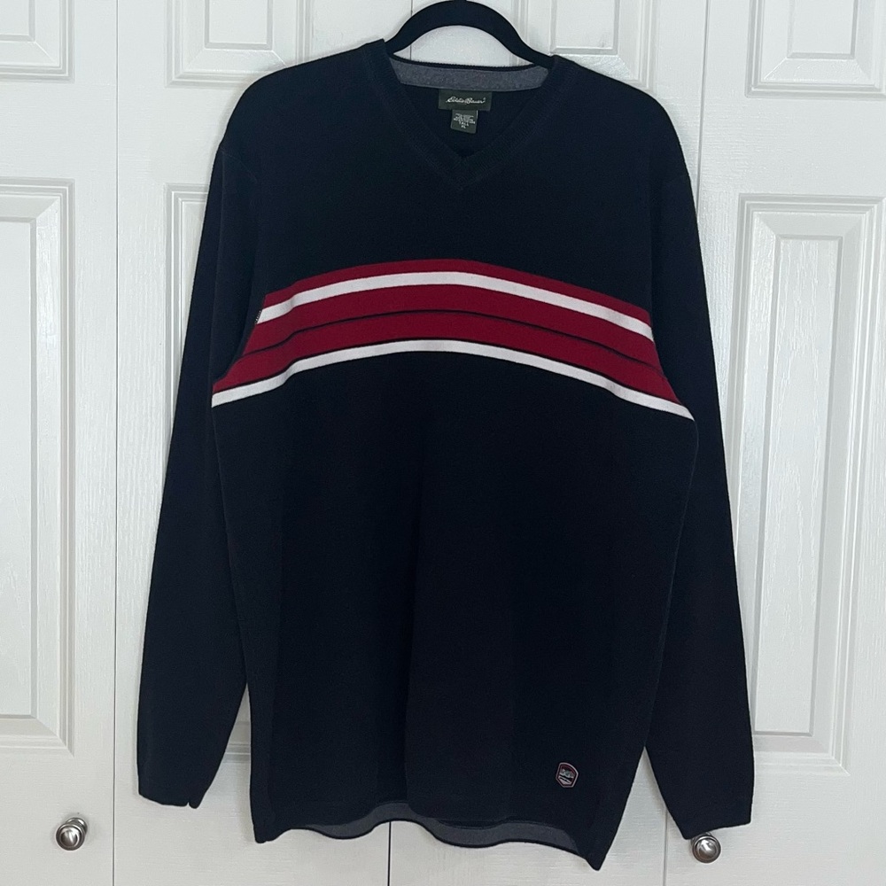 Eddie Bauer Mens Medium Dark Blue Striped Heavy Ribbed Knit Sweater Size XL